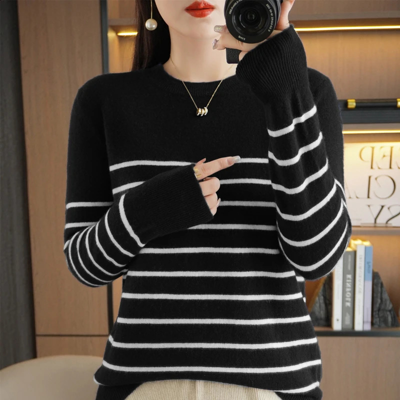 Autumn Winter Women O-neck Color Strip Pullover Wool Blend Fashion Soft Warm Sweater Cashmere Loose Casual Knit Base Top 250819