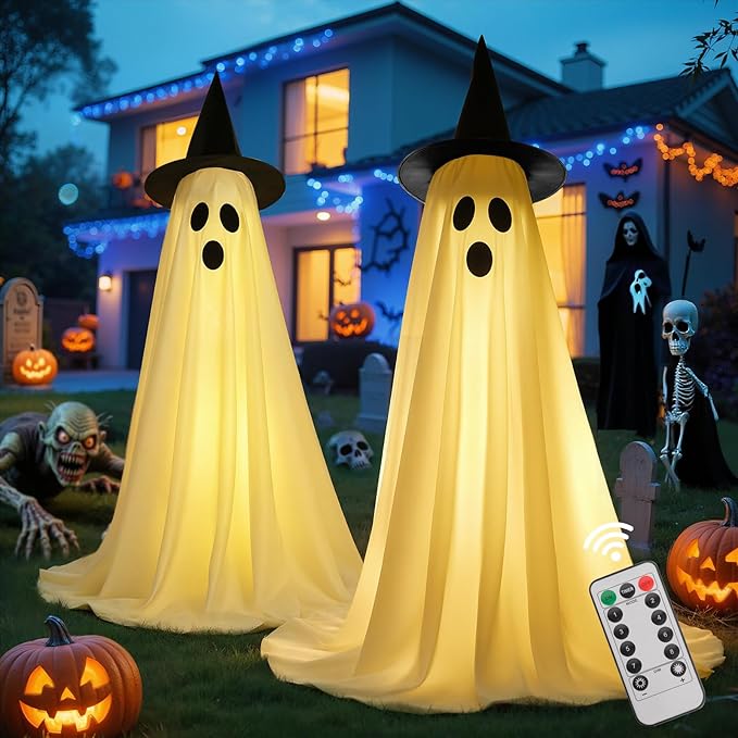 2 Pack Outdoor Halloween Decorations, Cute Spooky Halloween Party Decorations with Remote Control String Lights, Spooky Lights Outdoor Decorations for Porch, Lawn