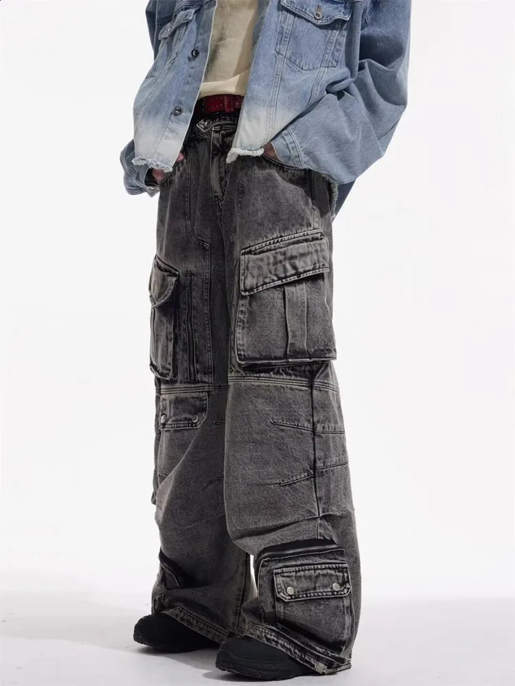 2025 Cyber Y2K Streetwear Washed Grey Baggy Cargo Jeans Pants For Men 90S Vintage Clothes Wide Leg Zipper Gothic Denim Trousers 250821