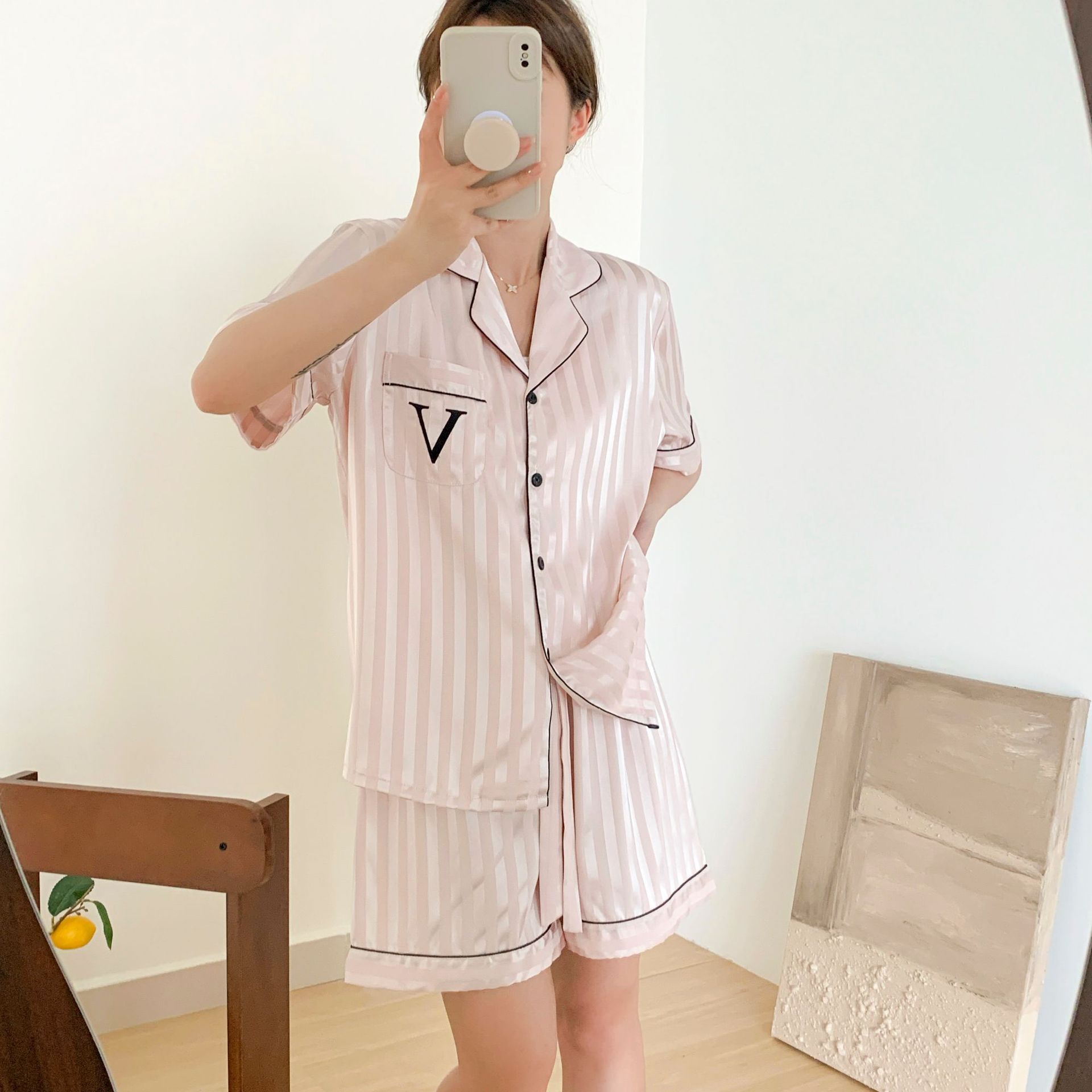 Women's Tracksuits Home Clothing Striped Embroidered Letter Pocket Short Sleeve And Shorts Pajama Set Casual Satin Sleepwear With Lapel Collar Bu