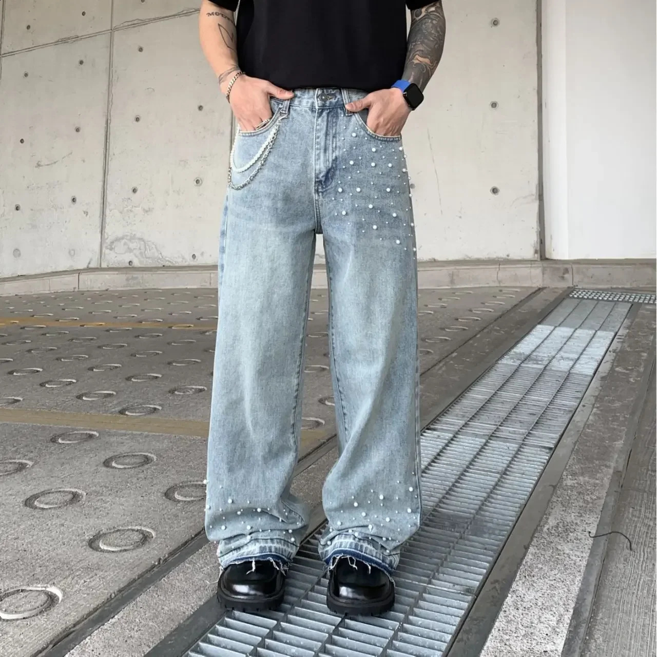 Fmxires Y2K American Retro Pearls Stacked Jeans Men Straight Leg Stretchy Denim Bottoms Males Fashion Clothes 250820