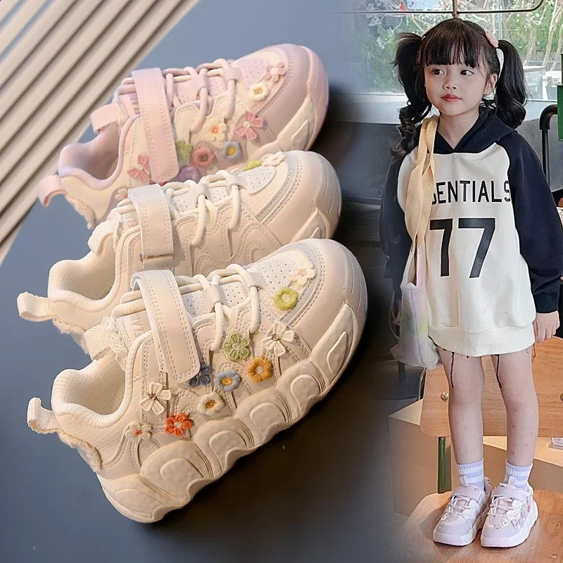 Spring Autumn Childrens Breathable Flowers Bread Girls Knot Student Style Casual Shoes Comfortable Soft Soled Footwear H260130