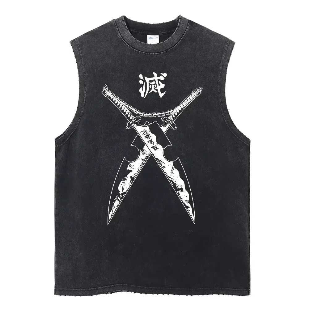 Anime Demon Slayer Printed Mens Tank Tops Summer Y2k Washed Cotton Vintage Gym Vest Womens Casual Sleeveless Shirts Streetwear X250821