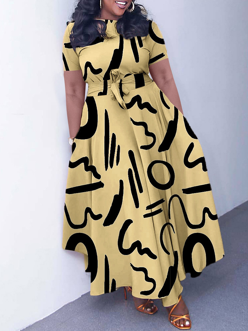 S85Women's new fashion temperament lace-up African plus size short-sleeved big swing foreign trade dress