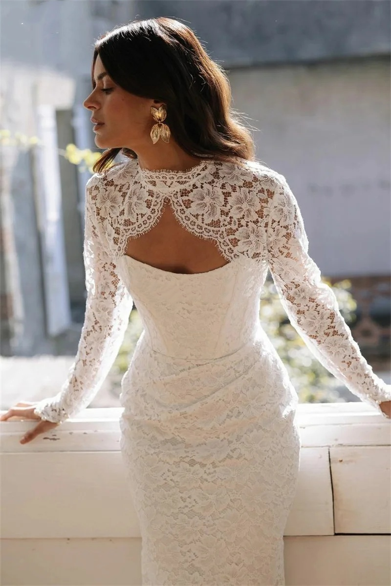 Classic Mermaid Wedding Dress High Collar Long Sleeves Bridal Gowns Lace Floor Length Dresses Custom Made vestidos de novia