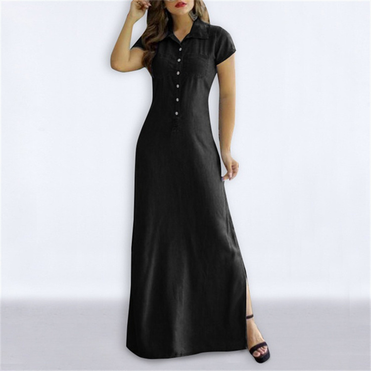 G85Cross-border women's long skirt shirt collar slit big swing skirt plus size casual denim dress