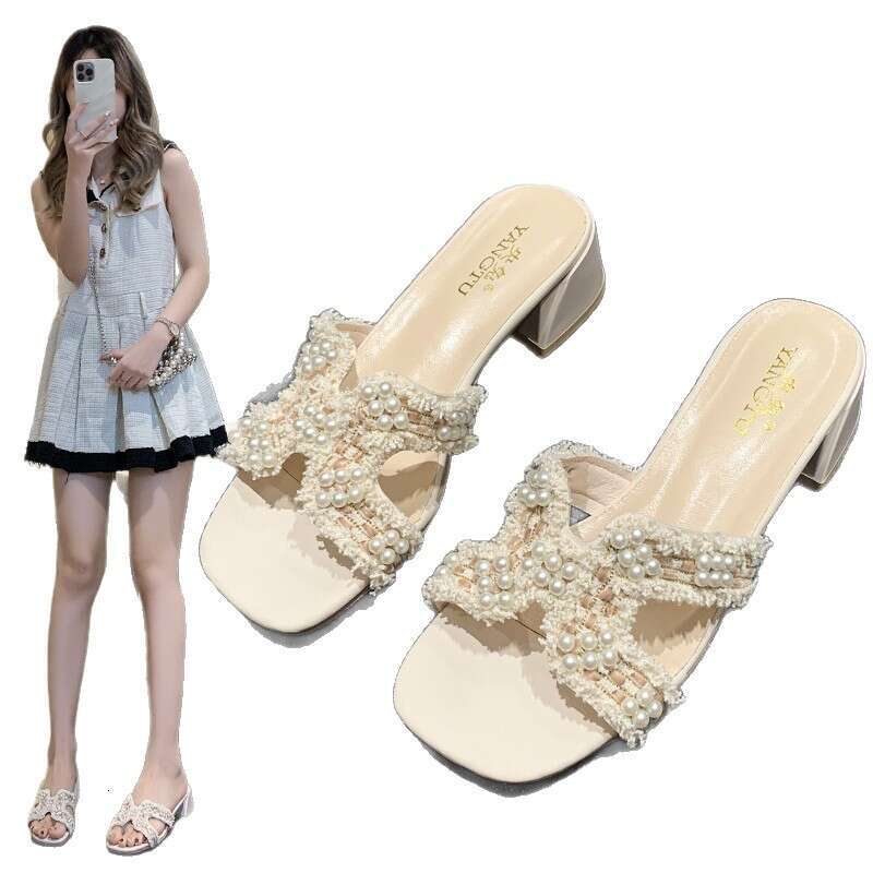 2025 Summer New Chanel-Inspired Women's Outdoor Thick Heel Mid-Heel 4cm Slide Fairy Style Cool Sandals Versatile