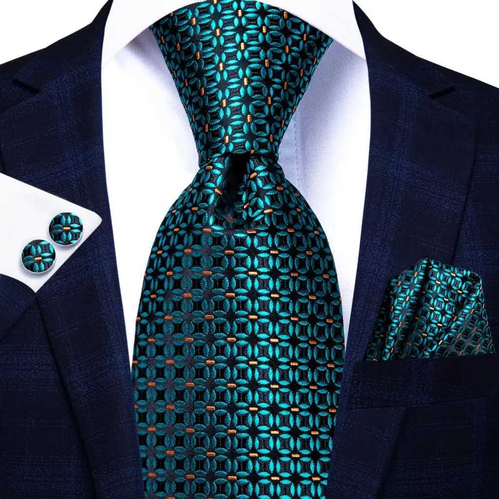 Teal Green Striped Luxury Designer Silk Wedding Tie For Men Handky Cufflink Mens Necktie Fashion Business Party Dropship Hi-Tie H250820