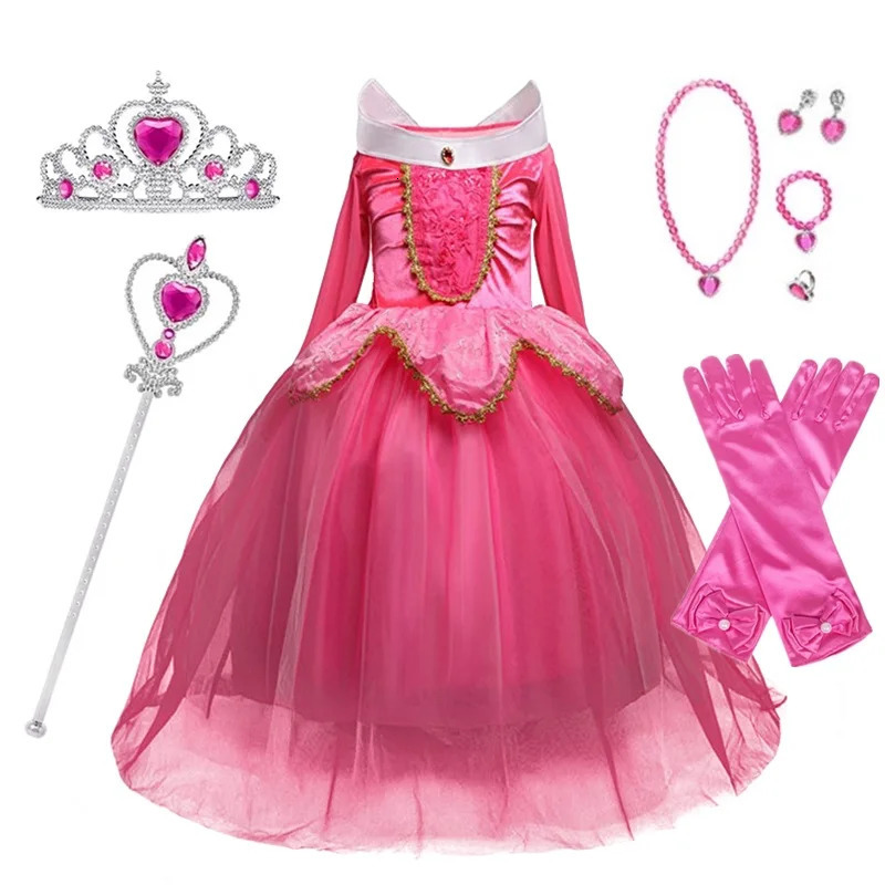 Sleeping Beauty Costume for Girls Pink Dress Long Sleeves Off Shoulder Gown Kids Halloween Xmas Party Cosplay Princess Costume 250820