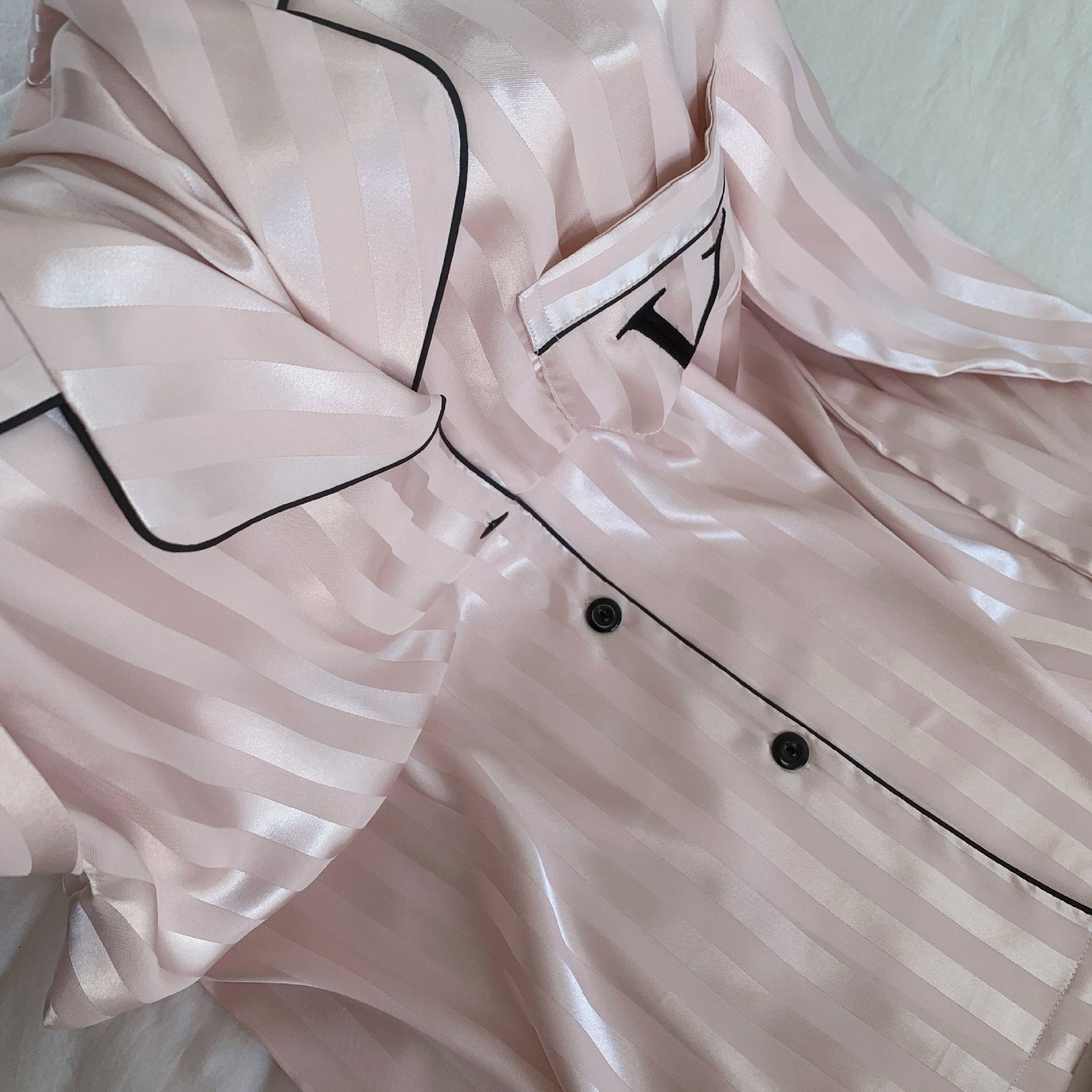 Women's Tracksuits Home Clothing Striped Embroidered Letter Pocket Short Sleeve And Shorts Pajama Set Casual Satin Sleepwear With Lapel Collar Bu