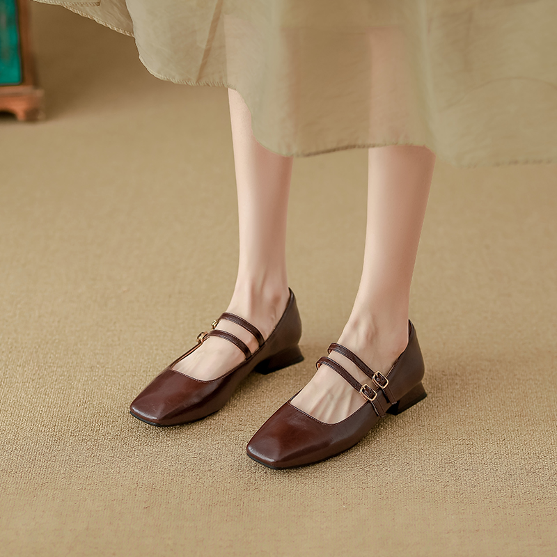 YUANLITONG Elegant Dark Brown Square Toe Mary Jane Flats With Double Buckle Straps For A Retro Chic And Timeless Charm Look 2026