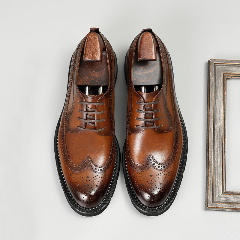 Brock carved leather shoes, British leather thick-soled lace-up, business men's breathable, groom wedding shoes