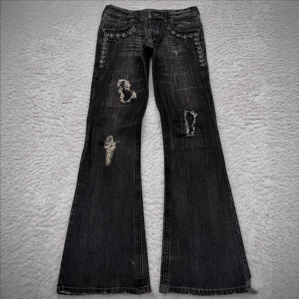 Summer Y2k Washed Jeans Gothic Style Flared Double Waist Long Pants Unisex Streetwear B5