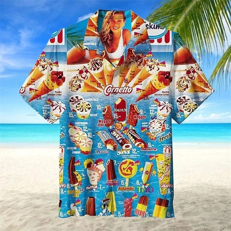 2024 Trendy Cool Fashion Ice Cream Shirts Beach Party 3d Print Hawaiian Shirt unisex Short Sleeve Oversized Blouse Lapel 250820