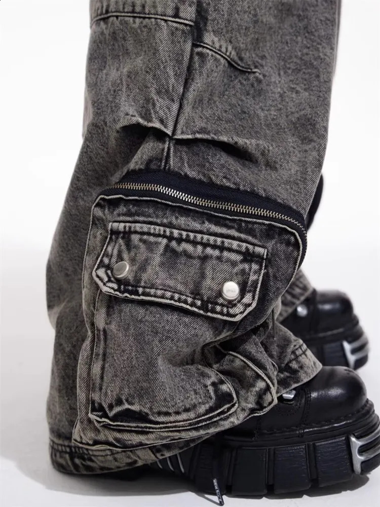 2025 Cyber Y2K Streetwear Washed Grey Baggy Cargo Jeans Pants For Men 90S Vintage Clothes Wide Leg Zipper Gothic Denim Trousers 250821