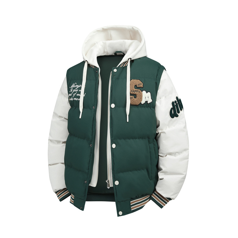 Winter Baseball Jacket Fake 2-piece Men's Sports Hooded Parkas Winter Loose-fit Thickened Warm Cotton Coat New Puffer Jacket