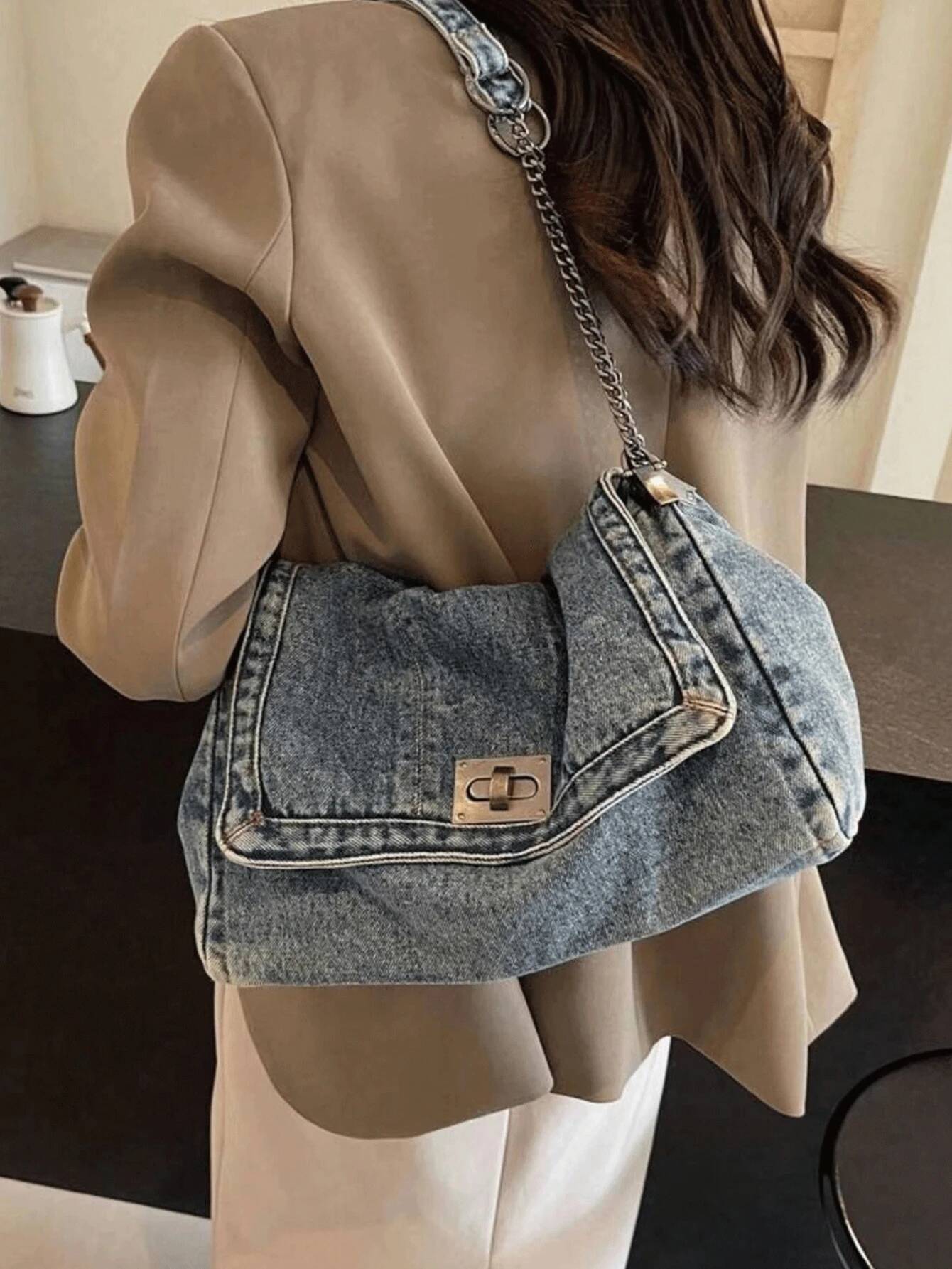 Autumn New Women s Armpit Bag Denim Handbag With Metal Buckle Retro Stitching Women s Shoulder Bag Autumn New Designer Bag Versatile Commuting Armpit 