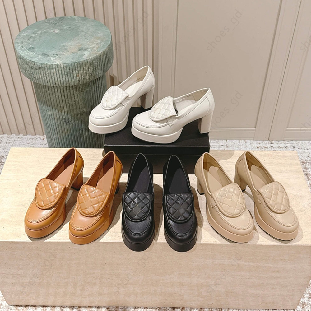 Top quality Classic leather round toes Platform Shoes slip on Dress shoes Luxury designer loafers Chunky Heel womens office shoes Black white apricot 35-41