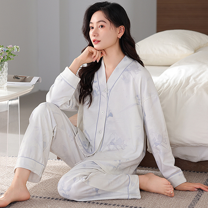 B1015-Pure cotton pajamas women's spring and autumn long-sleeved cardigan autumn and winter women's casual suit loose large size