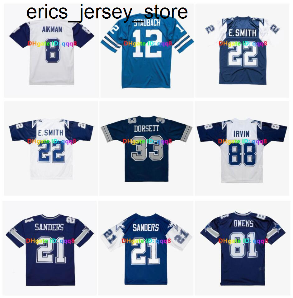 88 Michael Irvin Emmitt Smith Cowboy Deion Sanders 1994 Throwback Football Jersey With 75TH Ptach 8 Troy Aikman 12 Roger Staubach 33 Tony Dorsett White Blue Size S-3XL