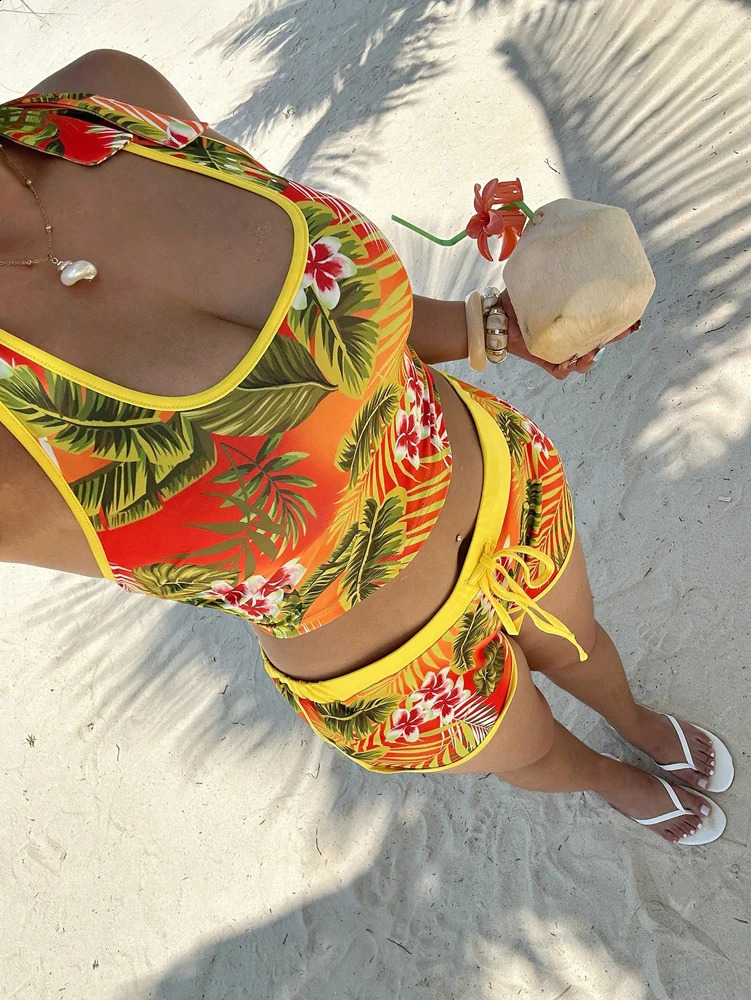 Ladies plus Size Tropical Vacation Fashion Print Tie-Neck Top And Sporty Casual Printed Shorts Two-Piece Set 250821