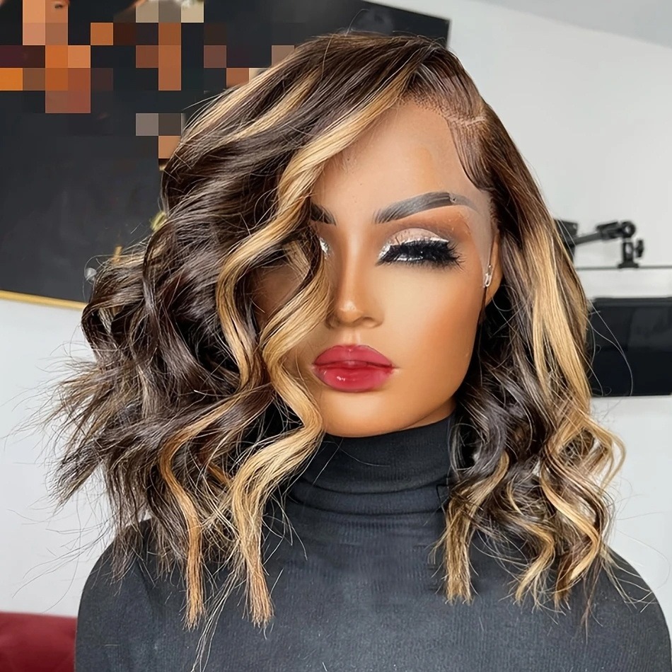 P4/27 Highlight Wig Human Hair Body Wave Lace Front Wig Honey Blonde Colored Short Bob Wig 13x4 HD Lace Wig PrePlucked 36 Inch For Women