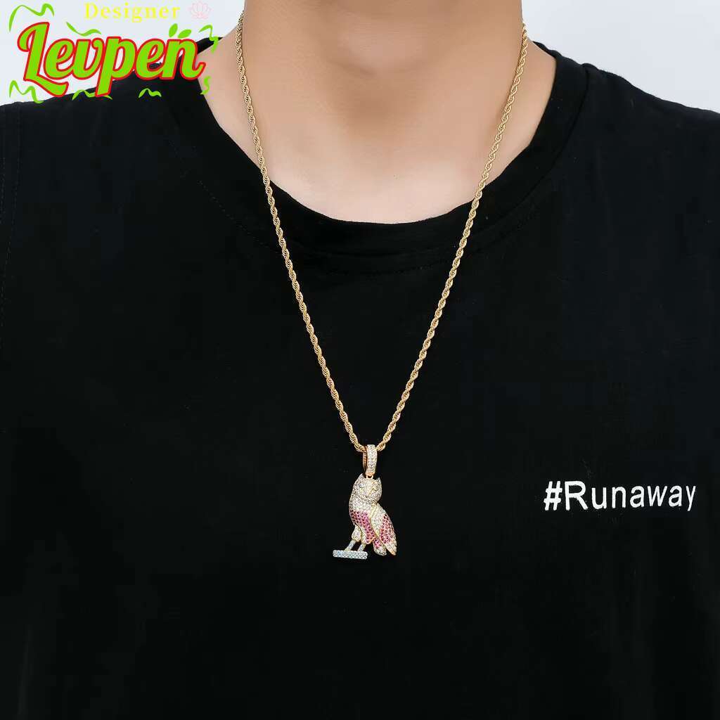 BES Hip Hop Silver Gold 3A Moissanite Cute Bird Owl Necklace Stainless Steel Owl Eye Pendant Necklace Jewelry for Bird Lovers Gift Designer Levpe