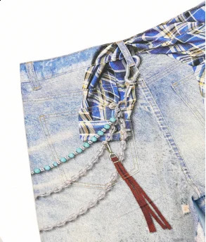 Classic style men and women gradient check print used washing jeans summer casual loose vintage blue denim straight shorts 250820