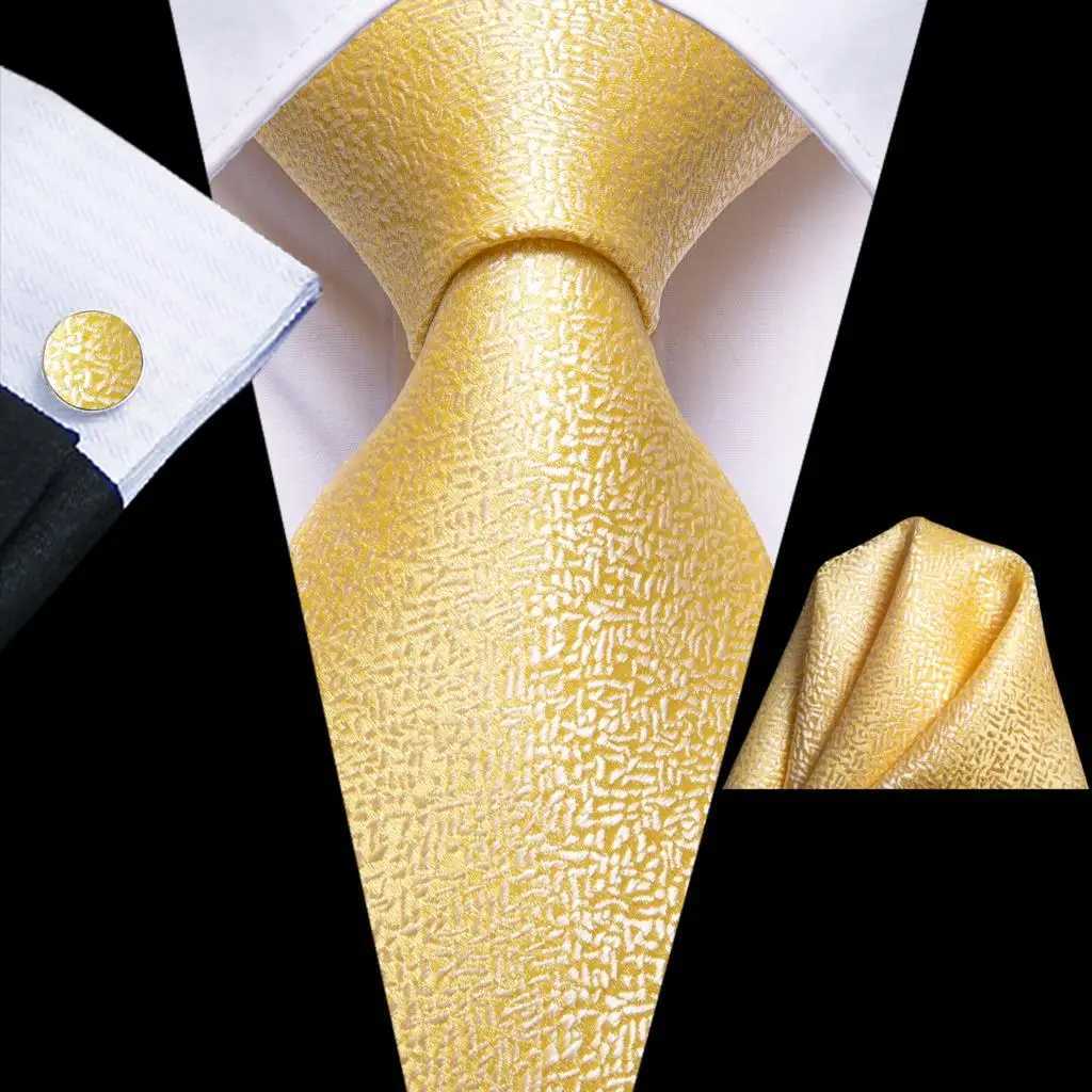 Hi-Tie Yellow Gold Solid Paisley Silk Wedding Tie For Men Hanky Cufflink Gift Men Necktie Gravata Set Business Dropship Designer H250820