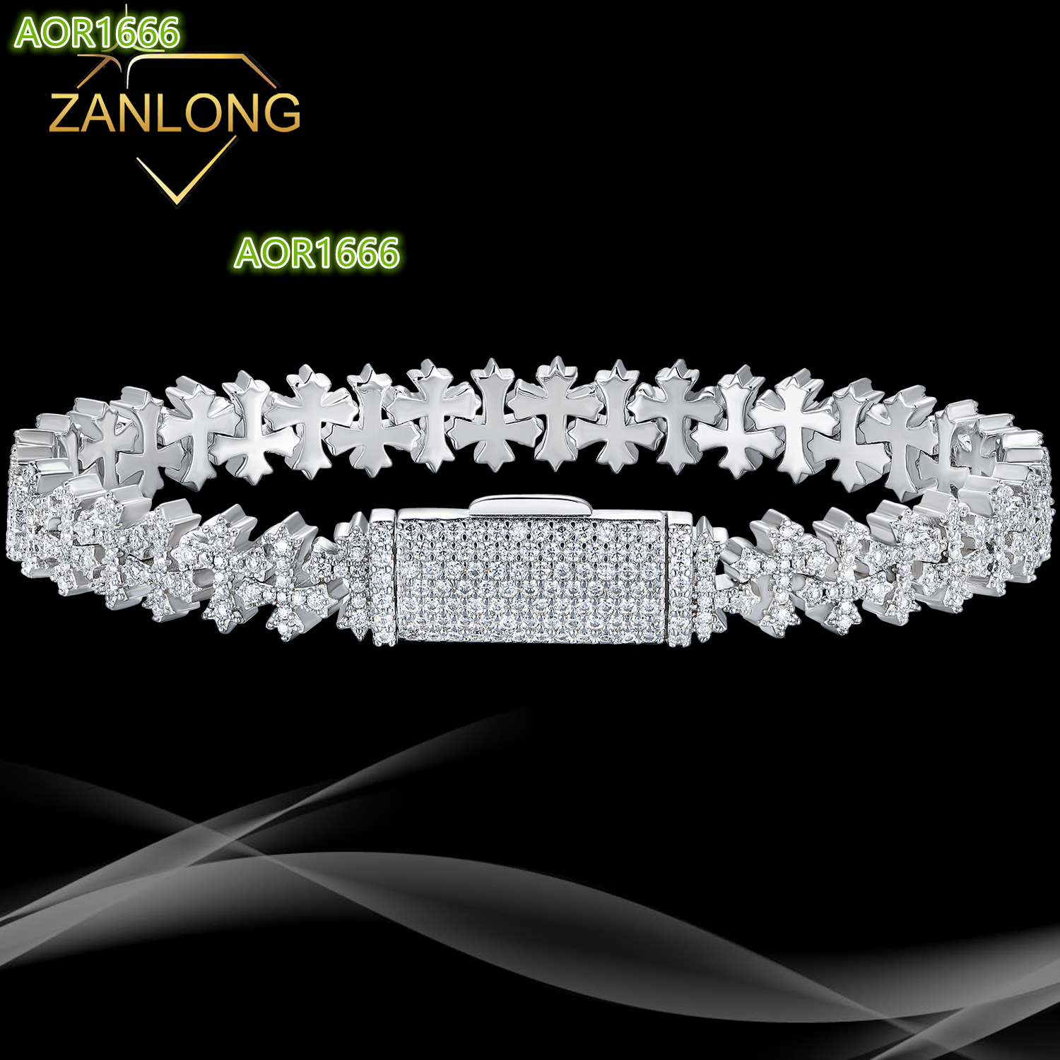 Zanlong 15227 8mm Personalized Customization Hip Hop Punk Cuban Chain Cross Bracelet Sterling Silver Plated with 18k Gold Plated