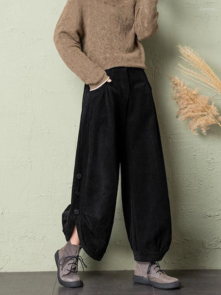 Women's Pants Korean Corduroy Women Fall Winter Plush Warm Loose Casual Harem Trousers Retro High Waist Button Streetwear Wide Leg Z260314