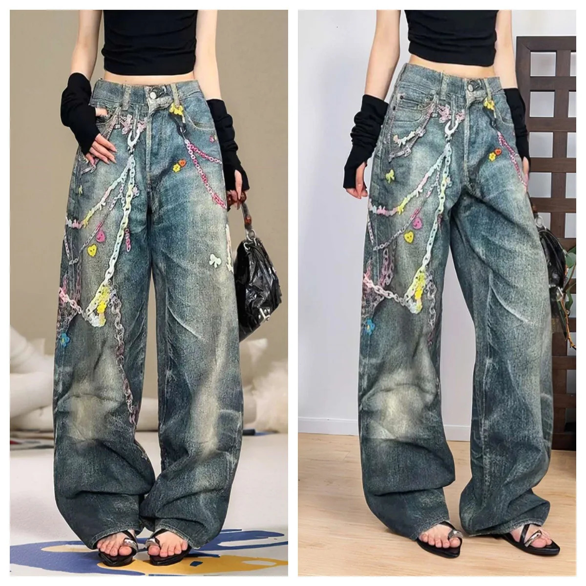 Womens Rainbow Print Palazzo Jeans Retro High Waist Wide Leg Trousers 2024 Summer Candy Color Chain n Street Style Pants 250820