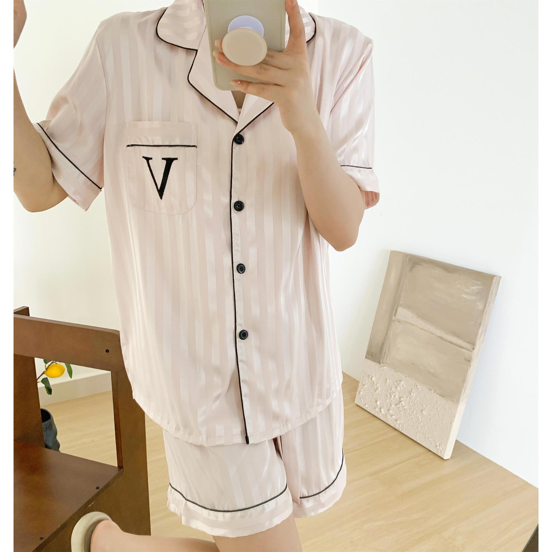 Women's Tracksuits Home Clothing Striped Embroidered Letter Pocket Short Sleeve And Shorts Pajama Set Casual Satin Sleepwear With Lapel Collar Bu