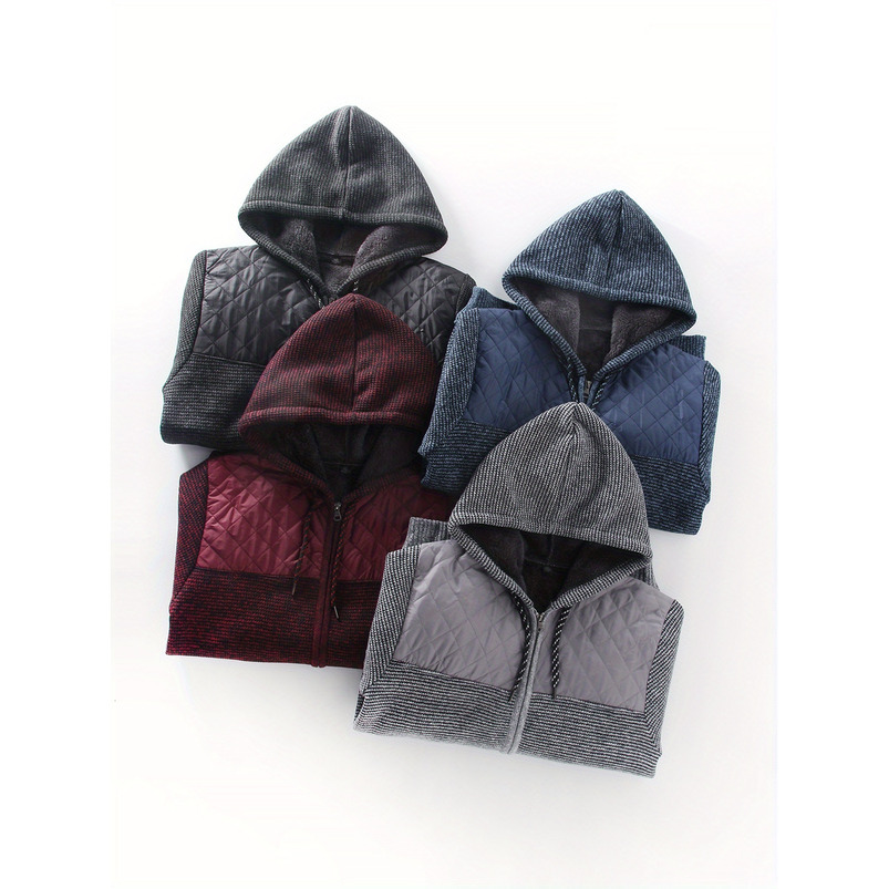 Men's Casual Hooded Polyester Jacket, Solid Color Knitted Fabric, Slightly Stretchy, All-Season Warmth, Suitable for Golf, Hiking, Sports, and Ou