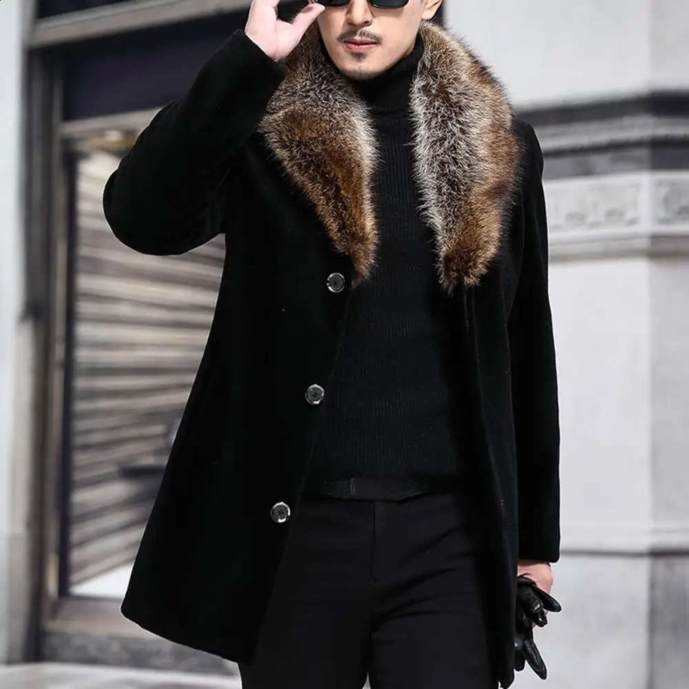 Faux Fur Collar Men Woolen Coat Thick Turndown Singlebreasted Slim Fit Jacket Windbreaker Outwear 250821
