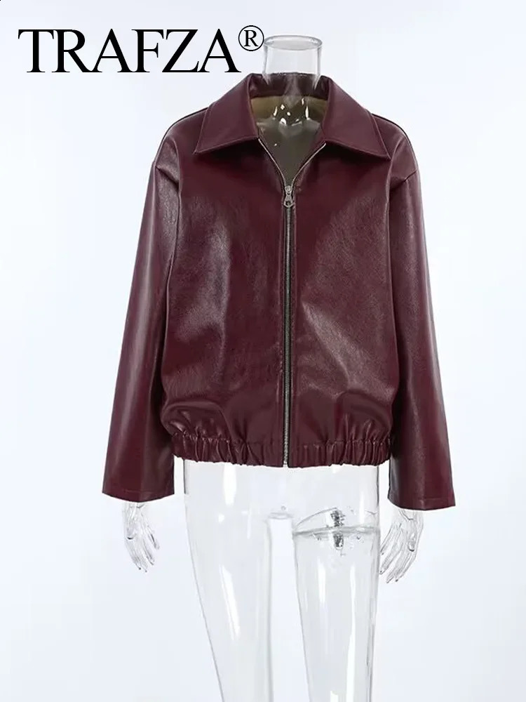 2024 Autumn Women American Style Vintage Solid Bordeaux Red Short Jacket Womens Zipper Long Sleeve Chic Leather 250820