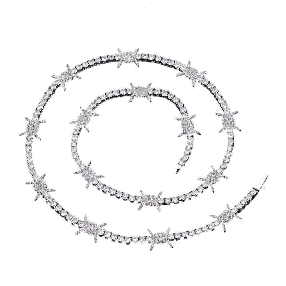 High quality hip-hop style white gold tennis necklace with spring clasp diamond spikes and diamond inlaid links chain.