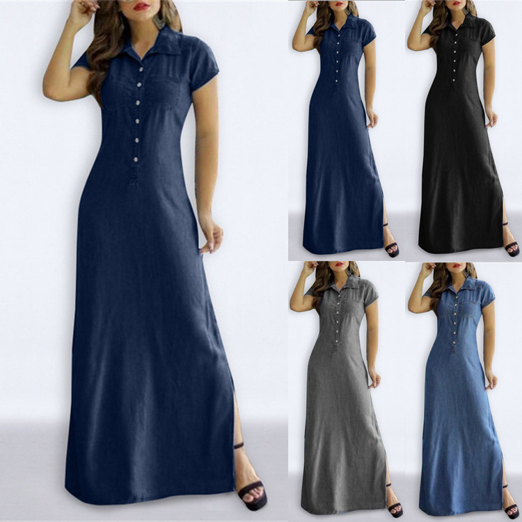G85Cross-border women's long skirt shirt collar slit big swing skirt plus size casual denim dress