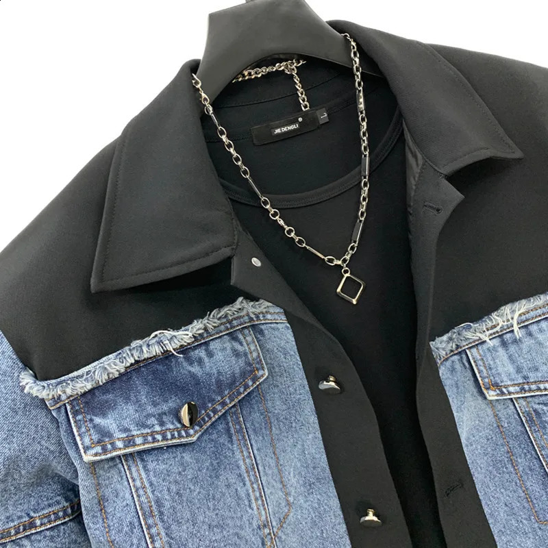WVGA Spring Autumn Man Stylish Denim Patchwork Short Jacket Trendy Niche Casual Straight Suit Pants TwoPiece Set W9219 250820