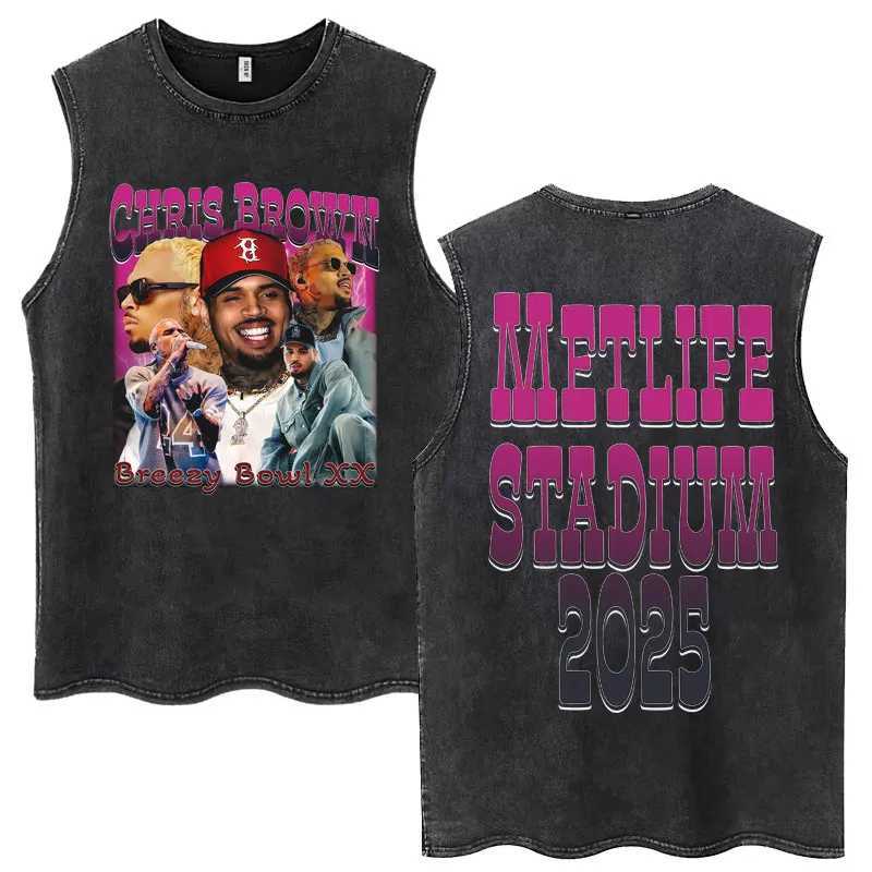 Chris Brown Breezy Bowl XX Tour Washed Tank Tops Fashion Hip Hop Vintage Hipster T-Shirts Men Women Loose Cotton Sleeveless Tees X250821