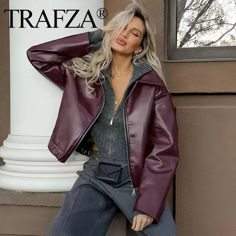 2024 Autumn Women American Style Vintage Solid Bordeaux Red Short Jacket Womens Zipper Long Sleeve Chic Leather 250820