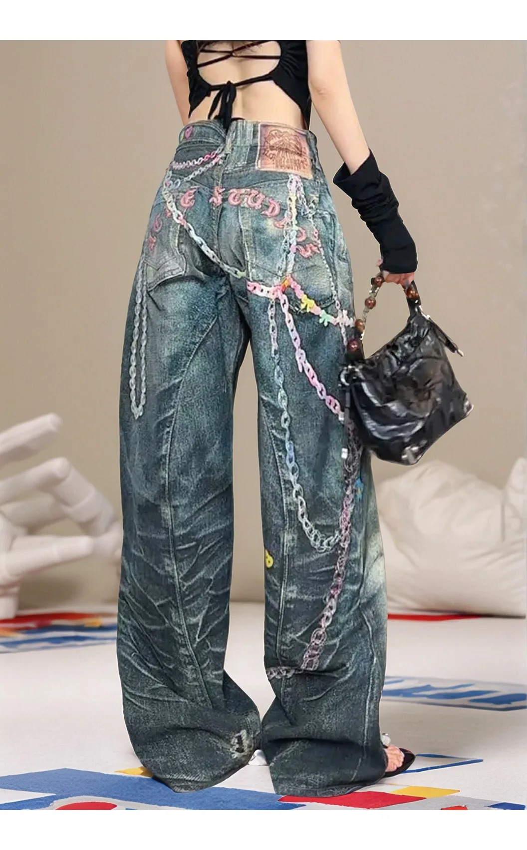 Womens Rainbow Print Palazzo Jeans Retro High Waist Wide Leg Trousers 2024 Summer Candy Color Chain n Street Style Pants 250820