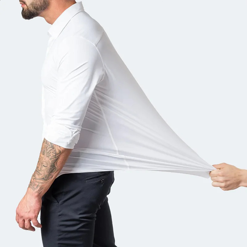 Plus Size 7XL 6XL High Elasticity Seamless Spandex Shirt Men Long Sleeve Slim Fit Casual Solid Color Social Formal Dress Shirts 250905