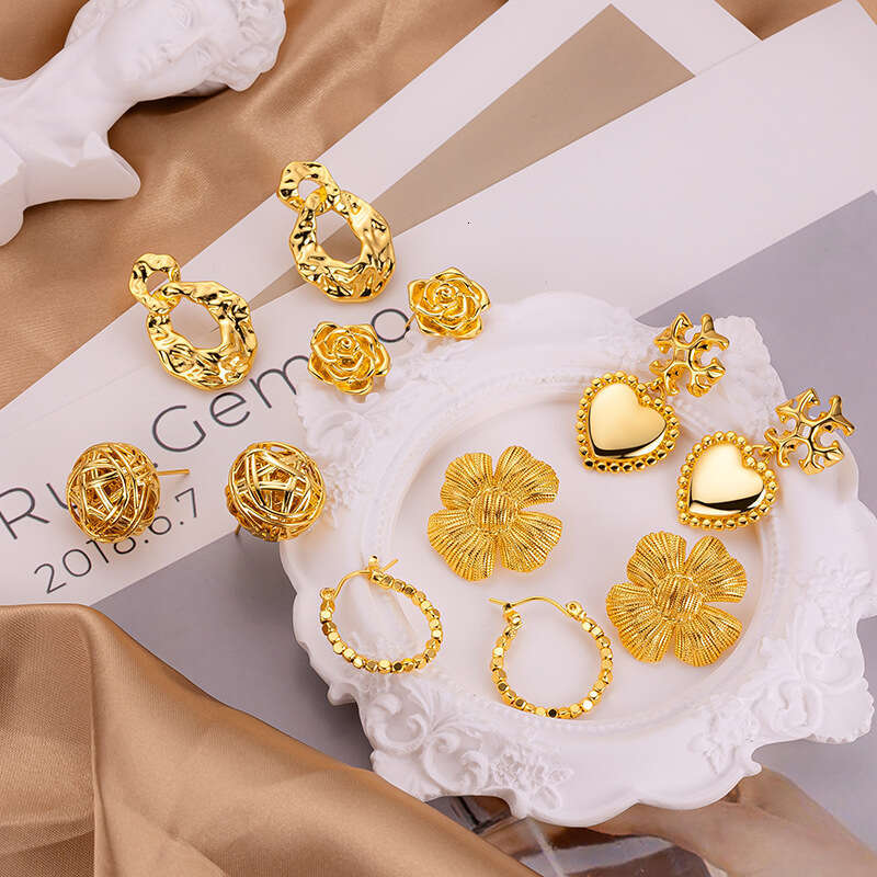 Light Gold Exaggerated French Flower Sier Needle Elegant Texture Heart Earrings Jewelry