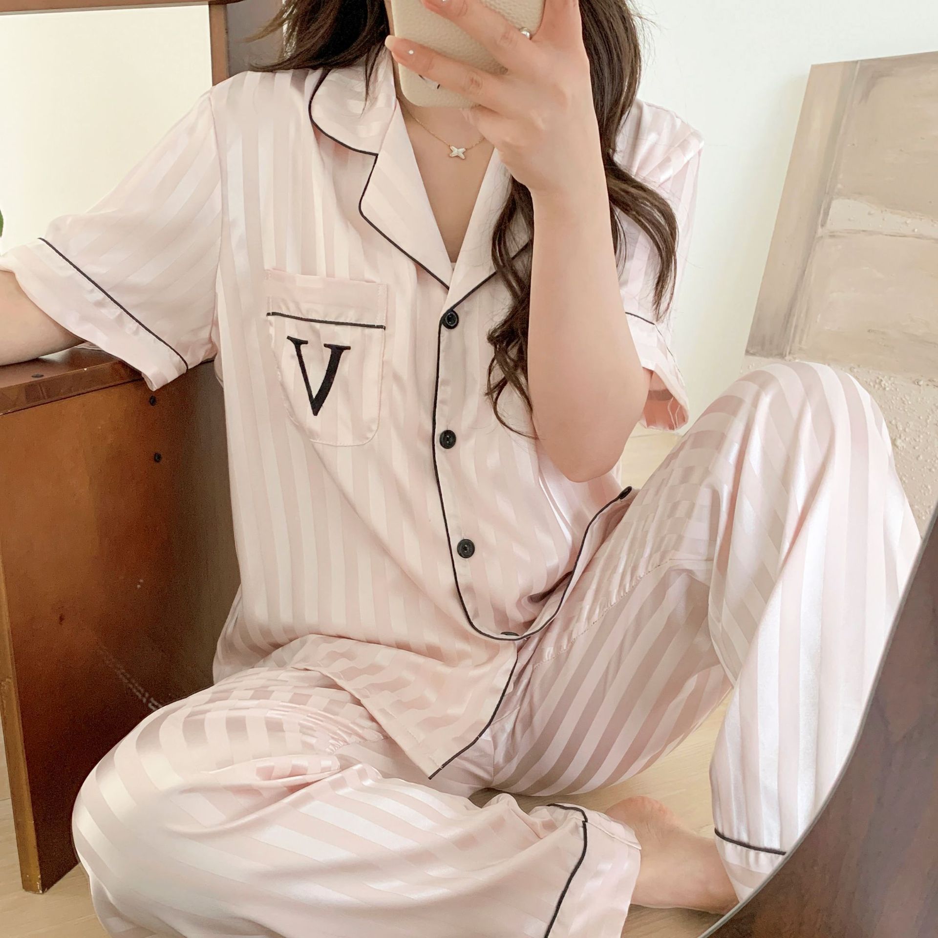 Women's Tracksuits Home Clothing Striped Embroidered Letter Pocket Short Sleeve And Shorts Pajama Set Casual Satin Sleepwear With Lapel Collar Bu