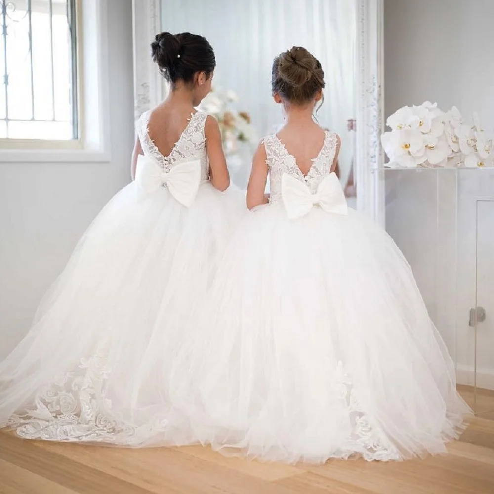 Cute Flower Girl Dresses for Wedding Big Bow Appliques Long Little Pageant Gowns Girls White Tulle First Communion Gowns 250821