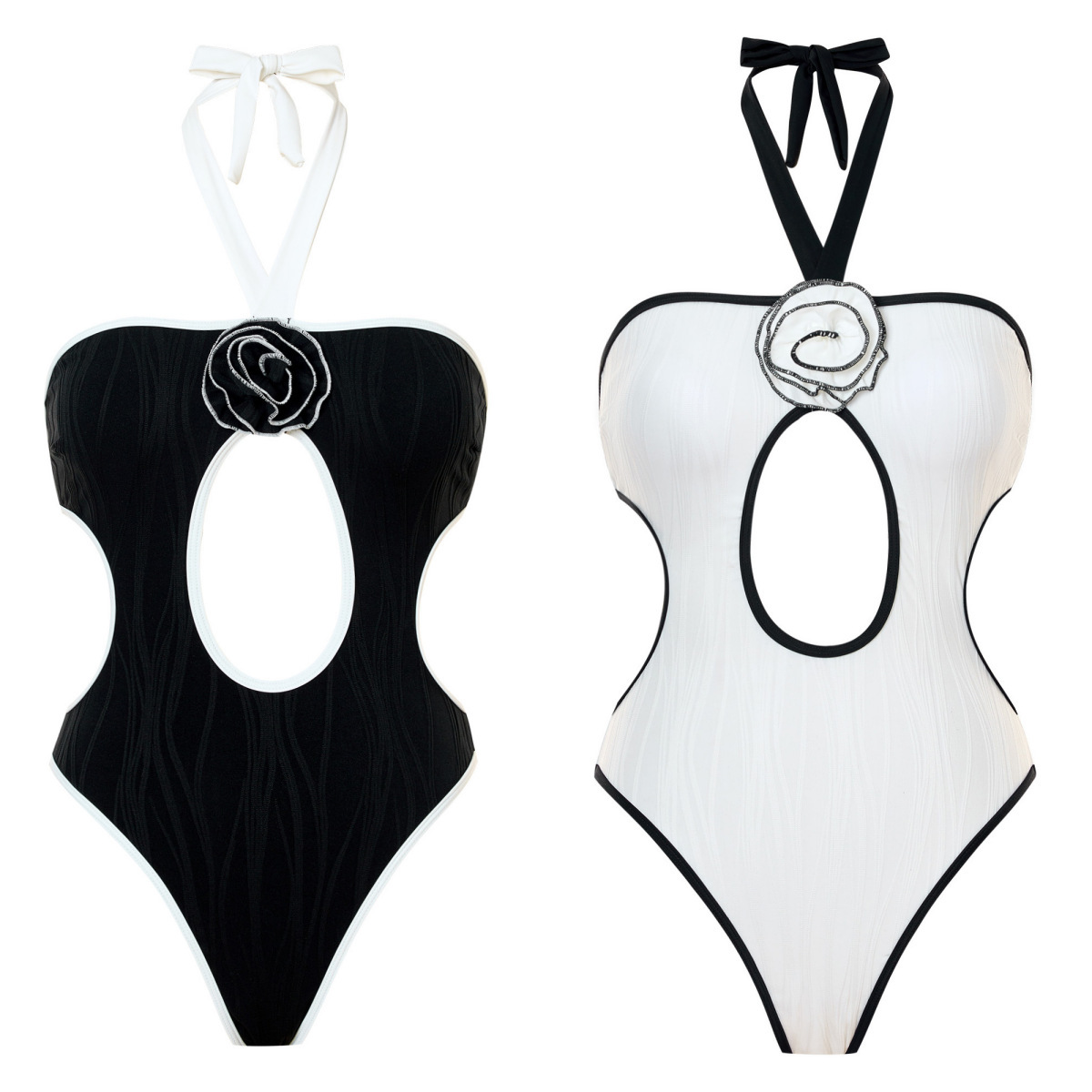 Summer 2025 women's beach swimwear, European and American swimwear, simple floral little Chanel style, halter sexy one-piece bikini swimwear