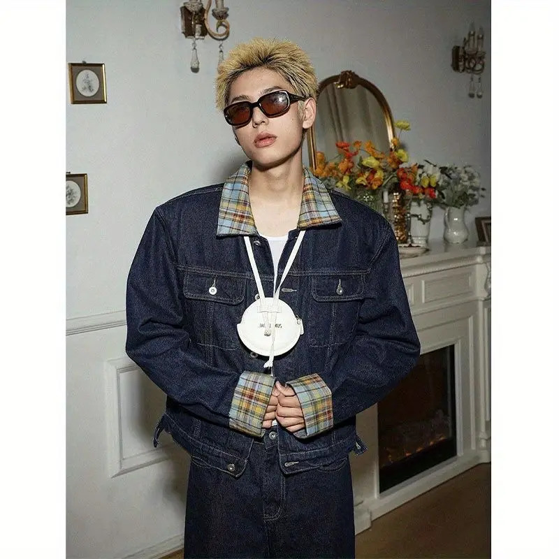Two-piece Set Loose Spliced Denim Coat Vintage Plaid Irregular Splicing High-end Denim Suit Jeans Punk Retro Pockets Suit 250818