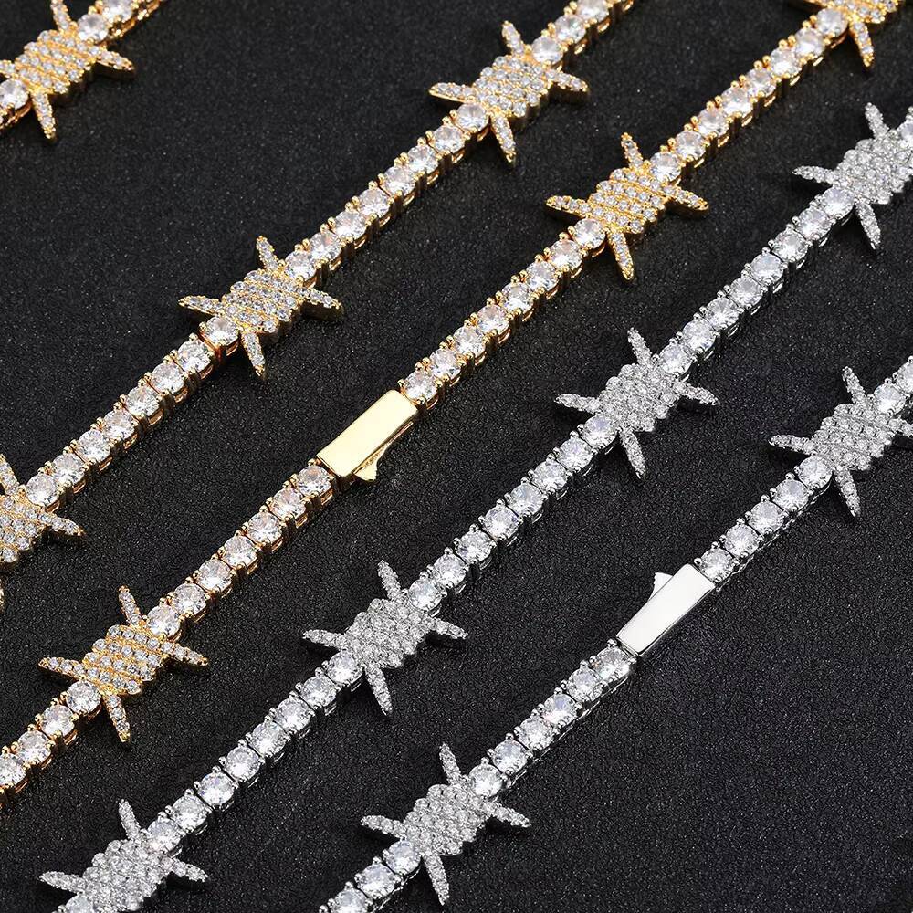 High quality hip-hop style white gold tennis necklace with spring clasp diamond spikes and diamond inlaid links chain.