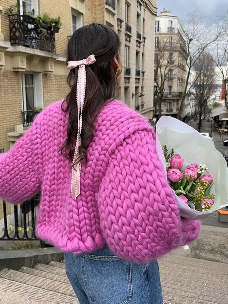 Casual Knitted Cardigan Women Solid Vneck Crochet Twist Sweater Long Sleeve Loose Outcoat Autumn Winter Thicken Tops Lady 250828